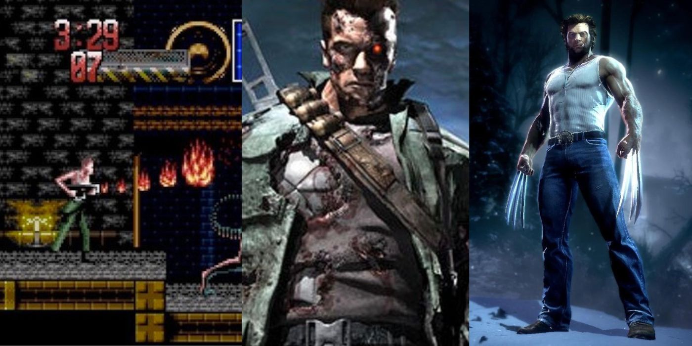 Split images of stills from Aliens, 3, Terminator 3 The Redemption, and X-Men Origins Wolverine games