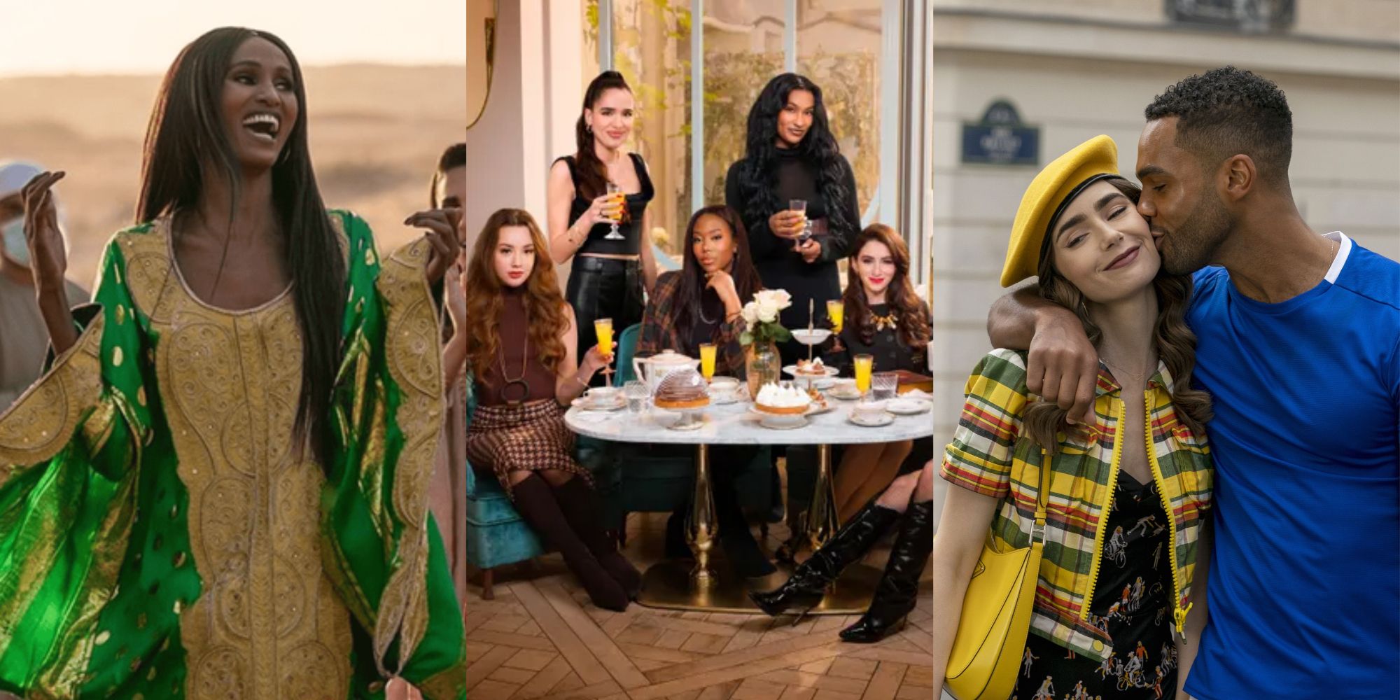 Split images of the Real Housewives of Dubai, Girlfriends in Paris, and Emily in Paris