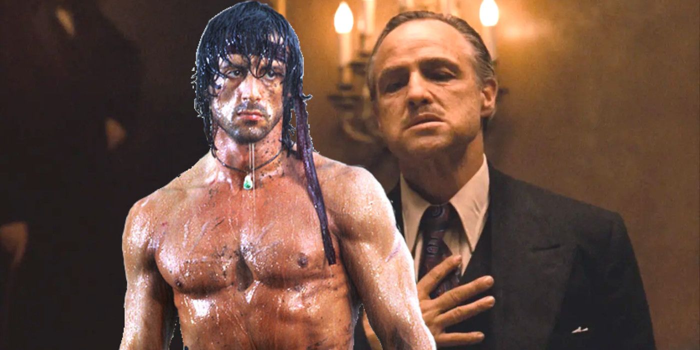 Mash-up of Sylvester Stallone as a sweaty, bare-chested Rambo and Marlon Brando in a suit as Don Corleone from The Godfather.