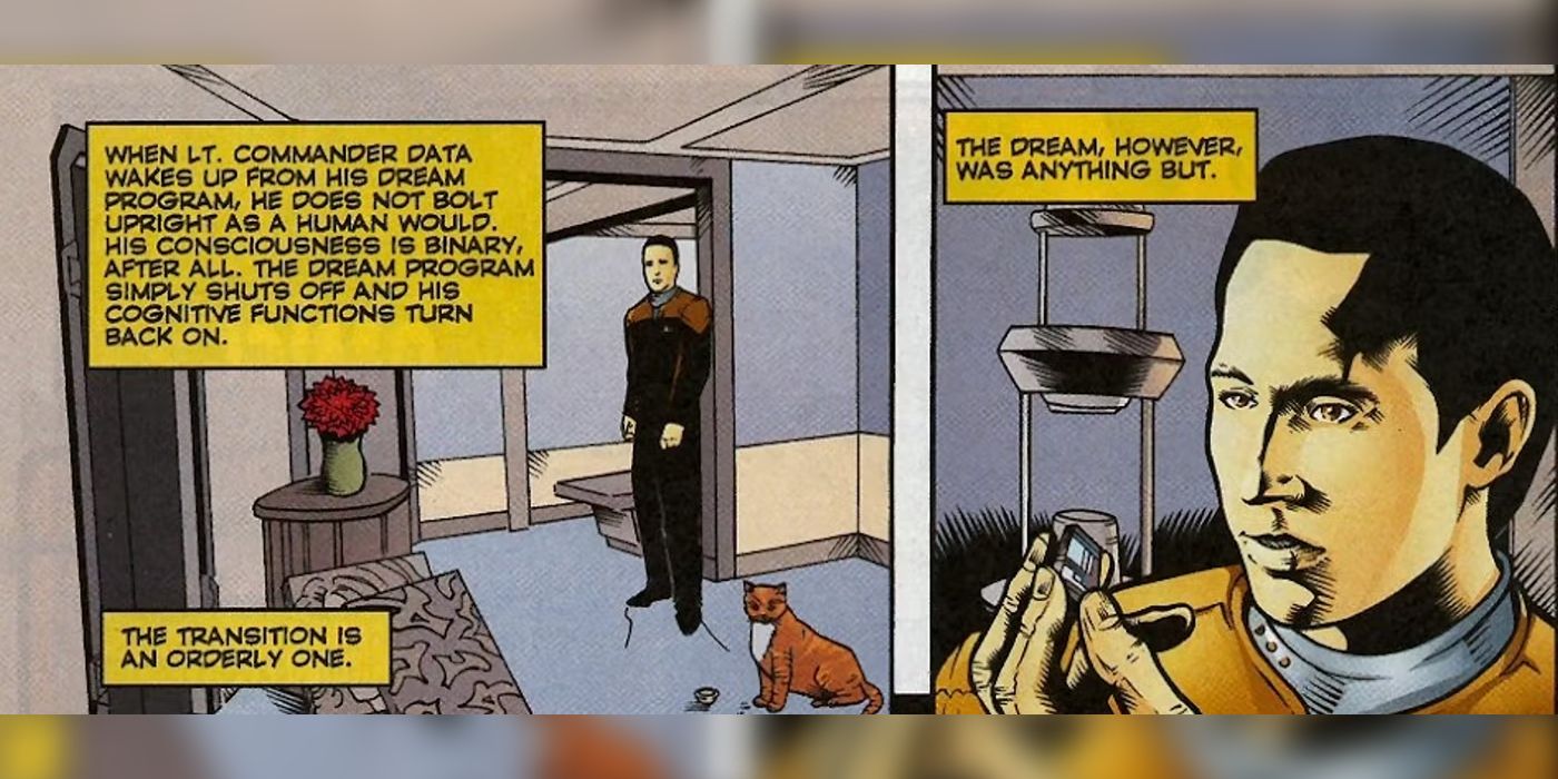 Star Trek's Data wakes up from a dream.