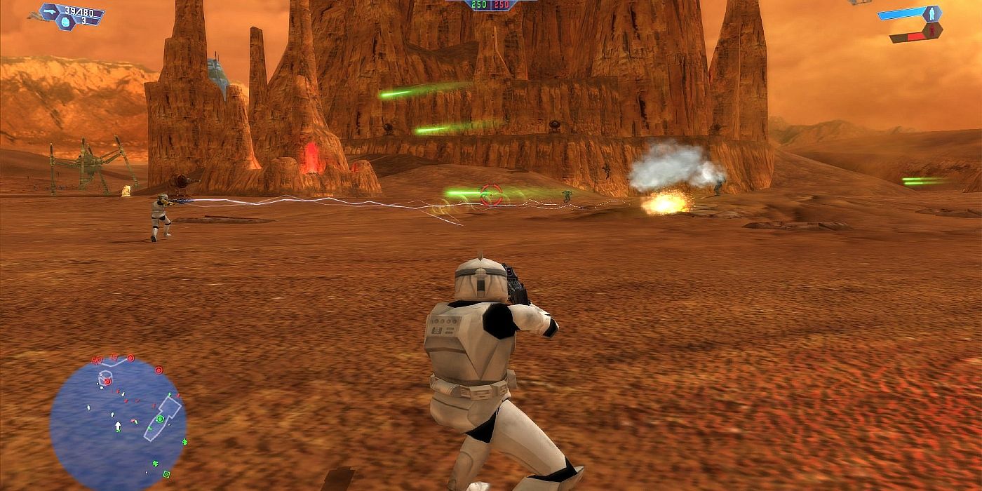 Un soldado clon lucha en Geonosis en la versión 2004 de Star Wars Battlefront 