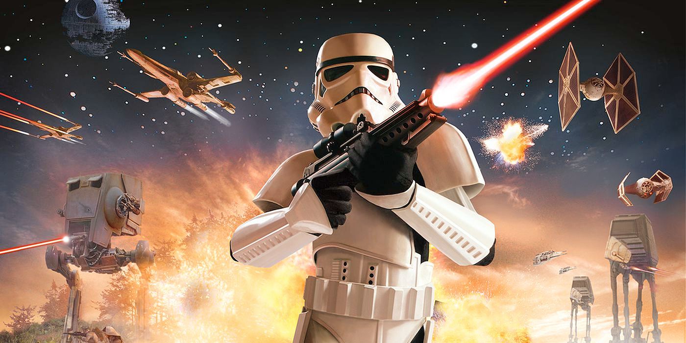 A stormtrooper runs across a battlefield in the video game Star Wars Battlefront 