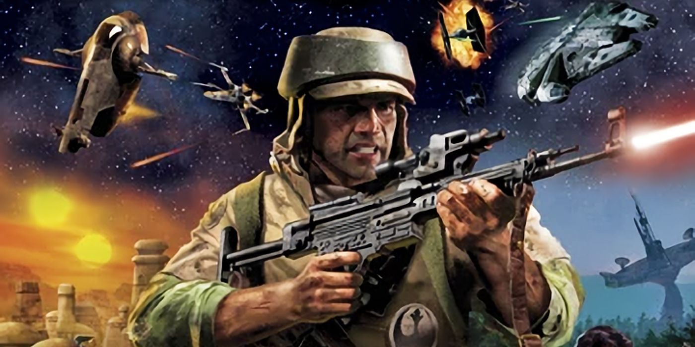 Star Wars Battlefront Renegade Squadron box art. Image of Rebel Alliance soldier firing a blaster rifle in the middle. Tatooine appears to the left with Endor on the right, while space battles take place above.