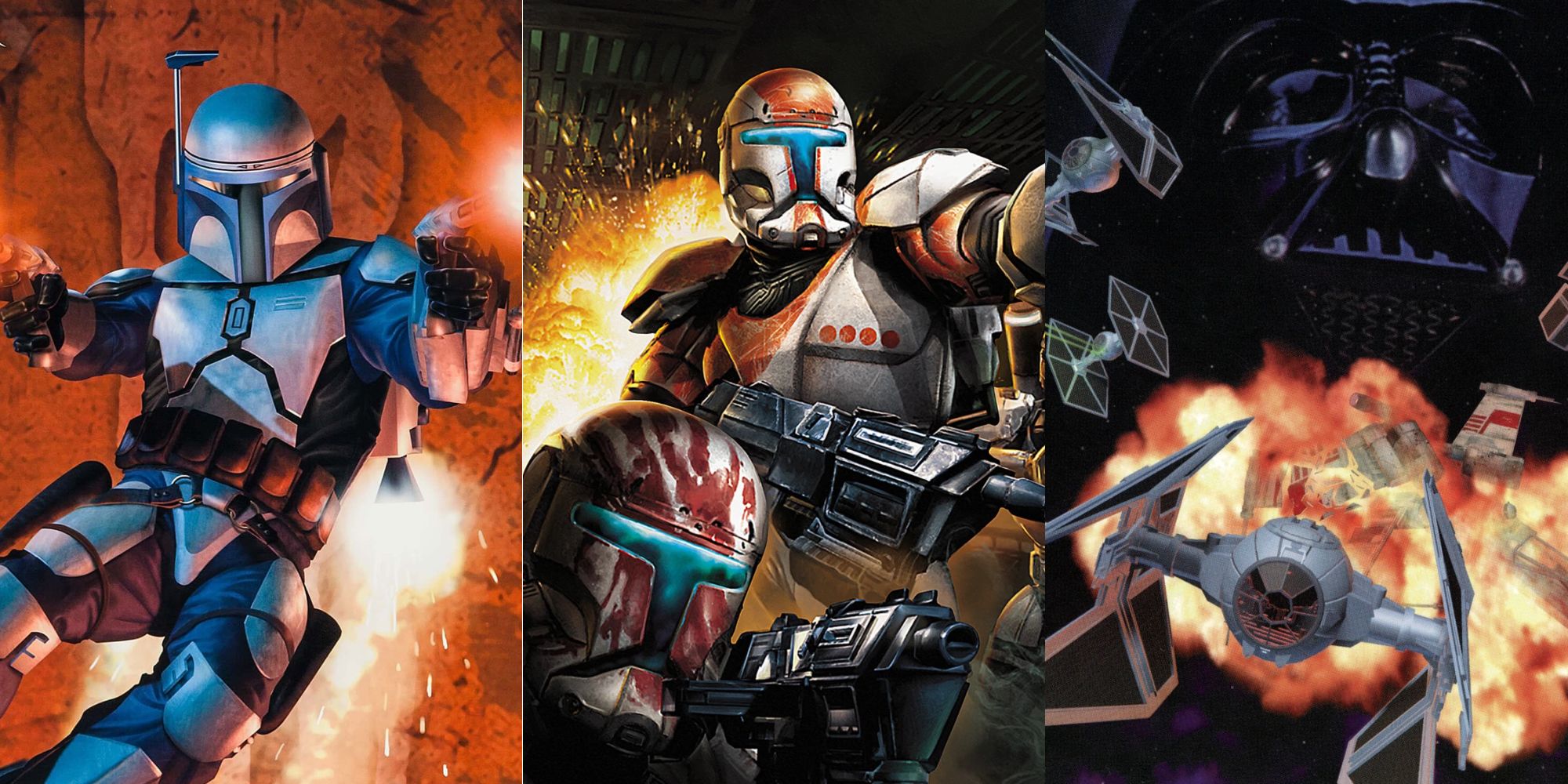 Uma imagem dividida mostrando três jogos de Star Wars em que o jogador não é um Jedi: Bounty Hunter, Republic Commando e TIE Fighter.