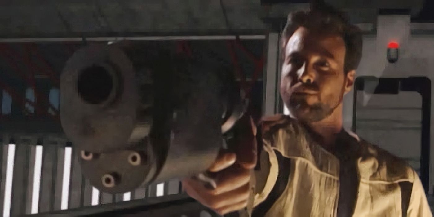 Star Wars Kyle Katarn holds a Bryar pistol