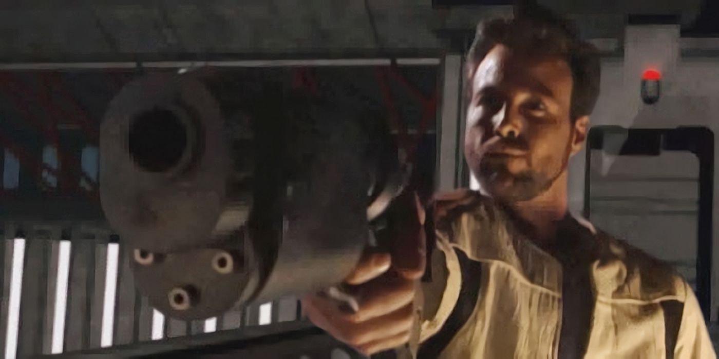 Star Wars Kyle Katarn segura uma pistola Bryar