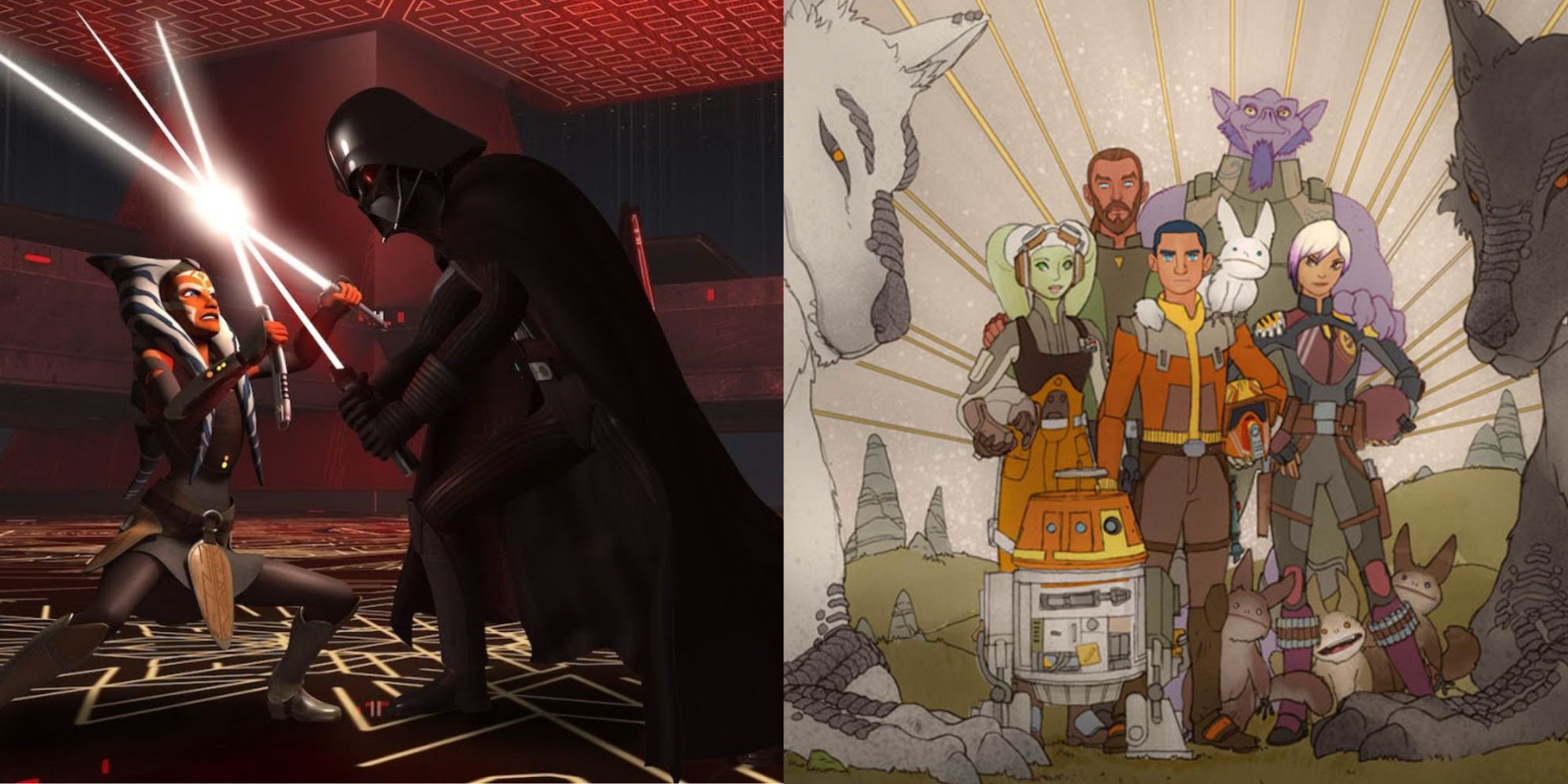 Split image of Ahsoka fighting Darth Vader and the Ghost crew painting in Star Wars Rebels