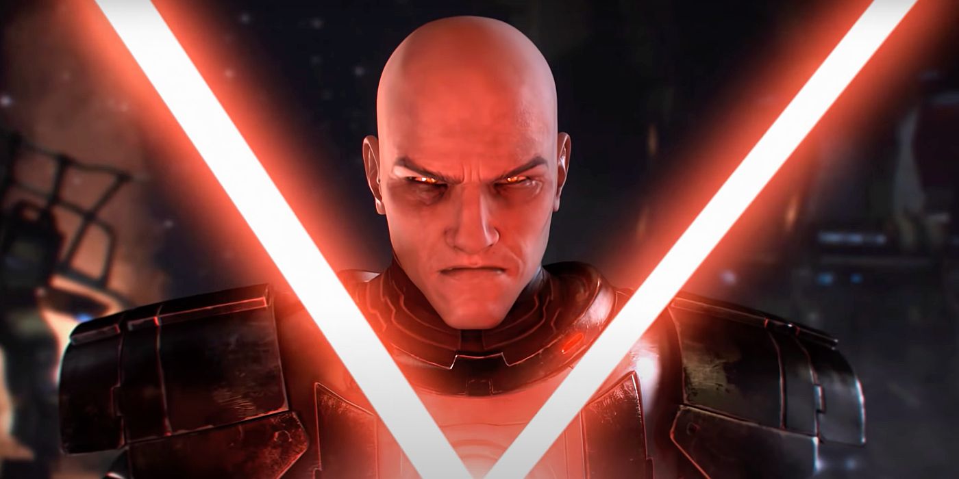 Image of Darth Malgus from a CGI trailer of Star Wars: The Old Republic. Malgus is wielding two red lightsabers, crossed together in front of him.