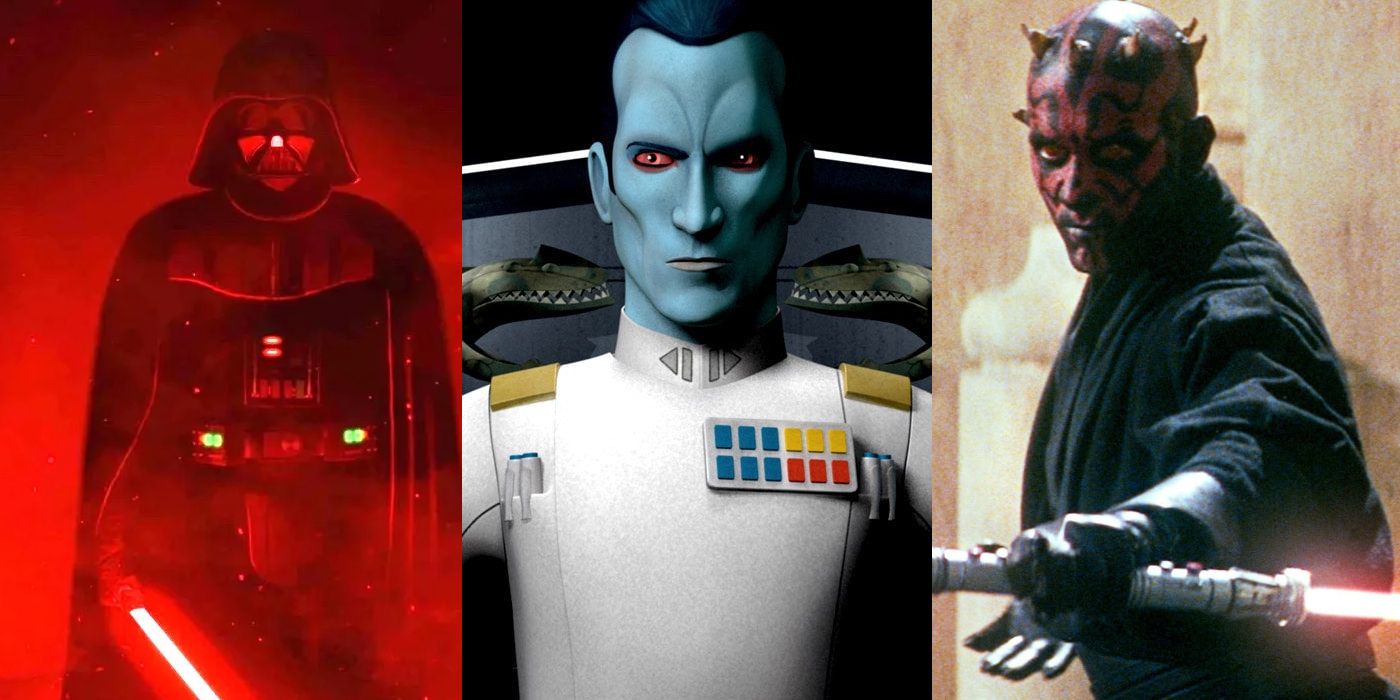 Split image: Darth Vader in dark hallway; Thrawn standing straight; Darth Maul igniting his double bladed lightsaber