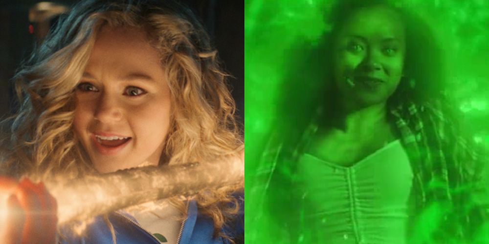 A split image features Courtney and Jennie using their powers in Stargirl