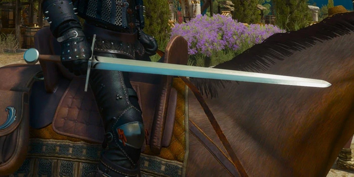 Geralt mencengkeram Starter Steel Sword saat menunggang kuda di Witcher 3.