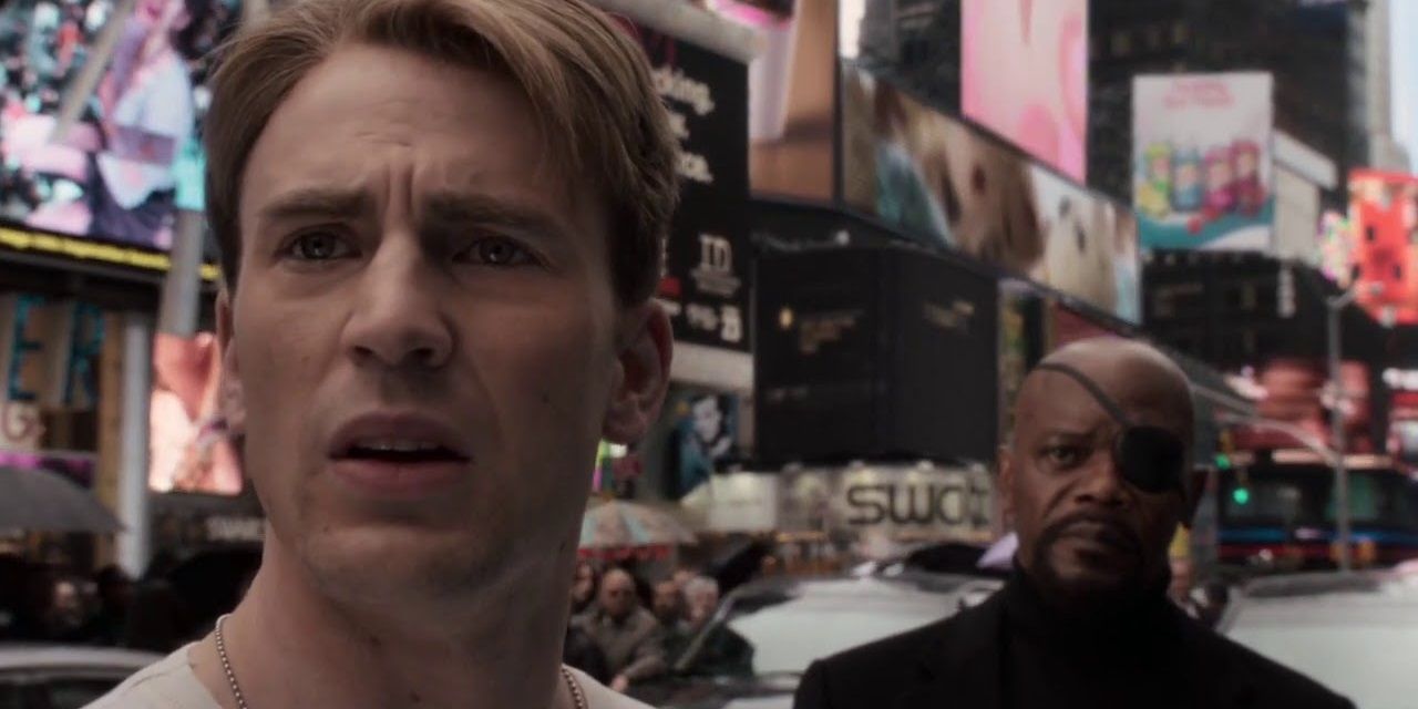 Steve Rogers and Nick Fury in Times Square at the end of Captain America The First Avenger