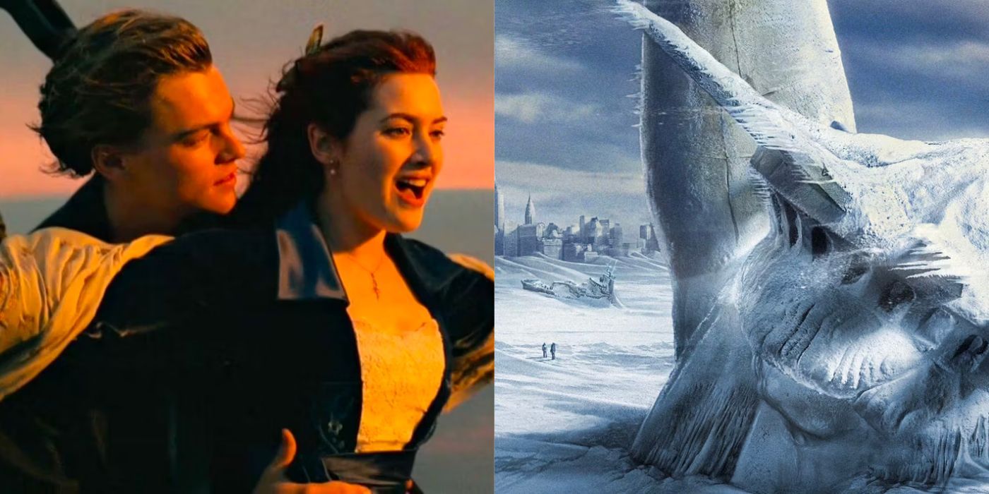 A split image showing stills from Titanic and The Day After Tomorrow