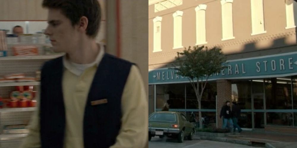 Split image of Jeffrey and the outside of the general store in Stranger Things