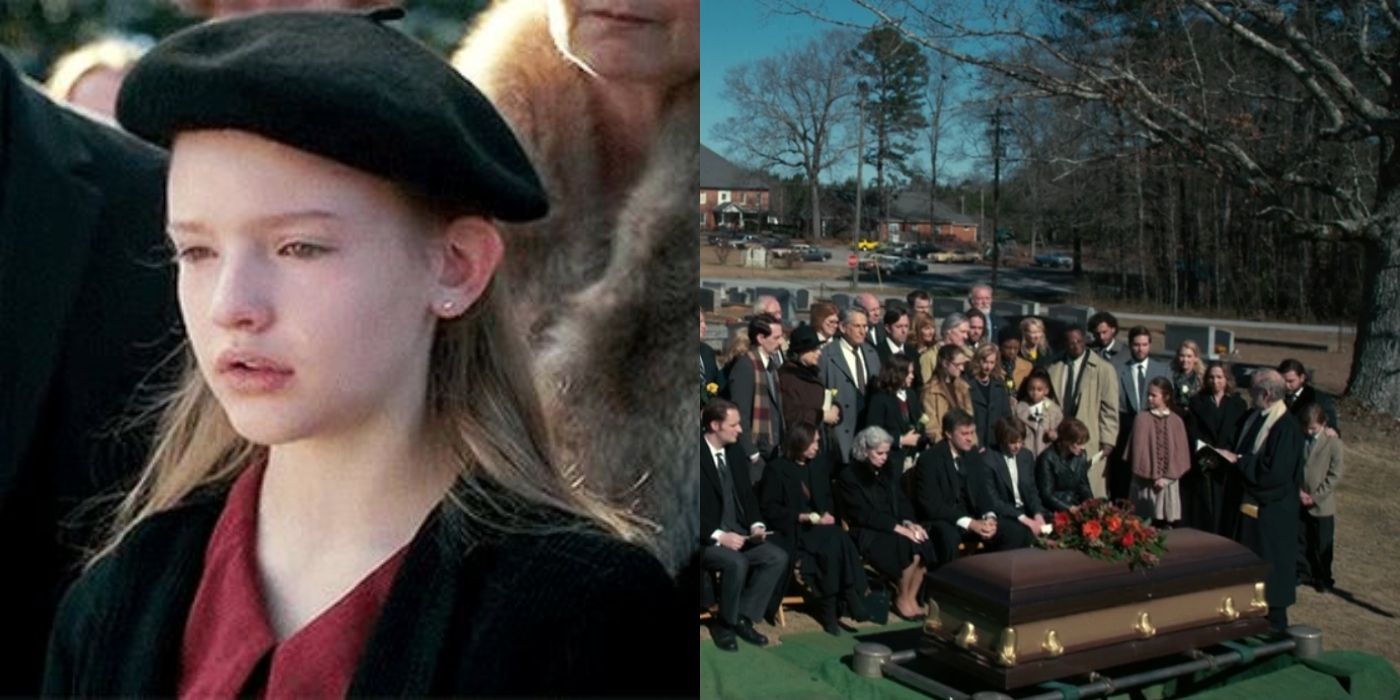 Split image of Jennifer looking emotional and people standing at Will's funeral on Stranger Things