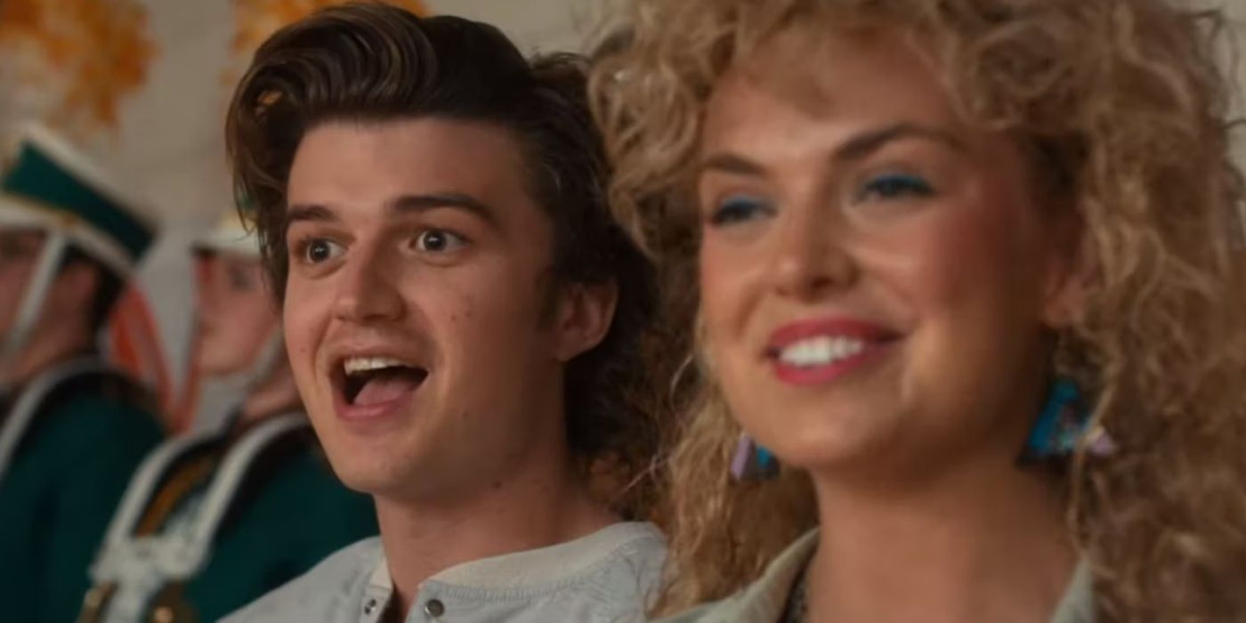 Steve and Brenda cheering at a school game on Stranger Things