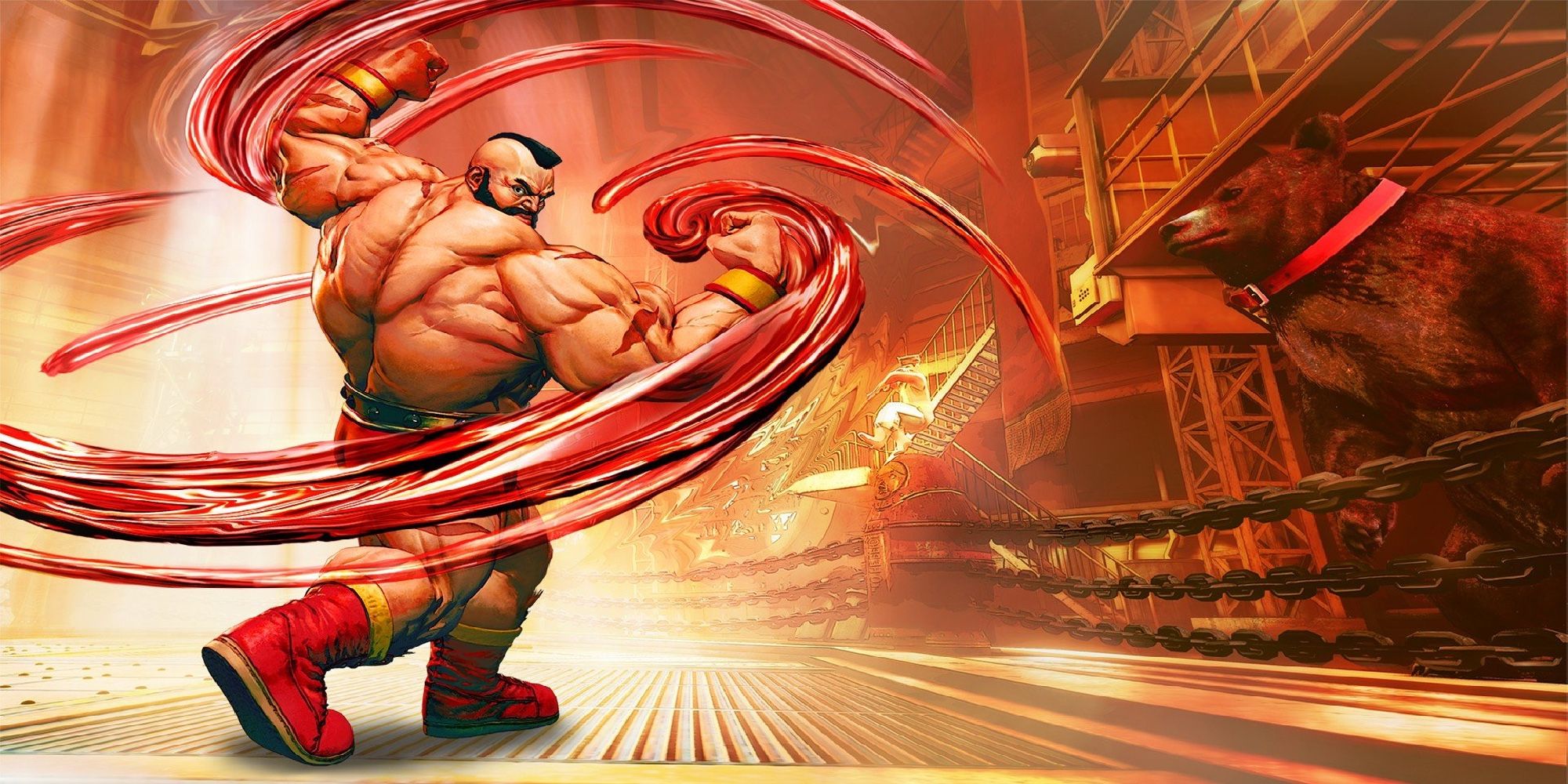 Muscular returning Street Fighter 6 character Zangief swinging his fists with red trails.