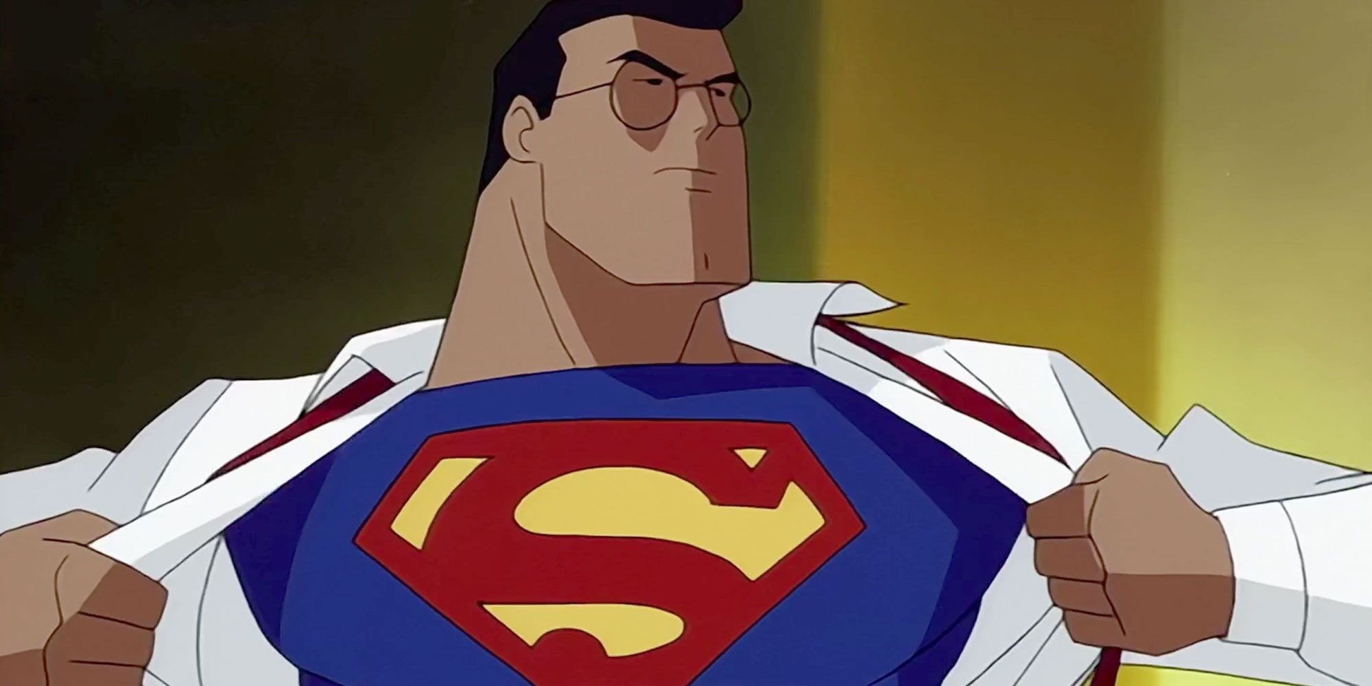 Clark Kent reveals his Superman costume in Superman: The Animated Series.