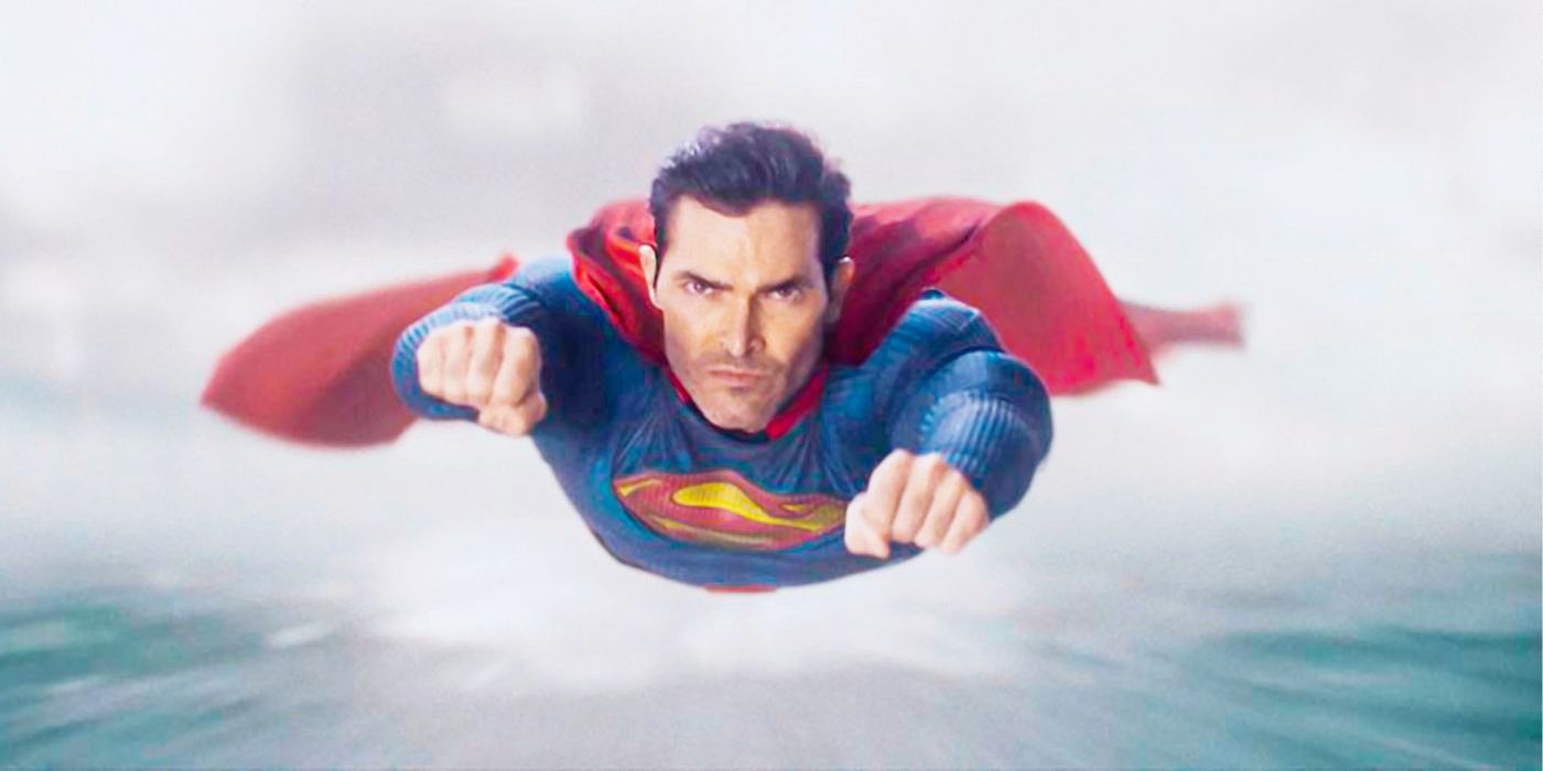 Tyler Hoechlin as Superman flying through the sky
