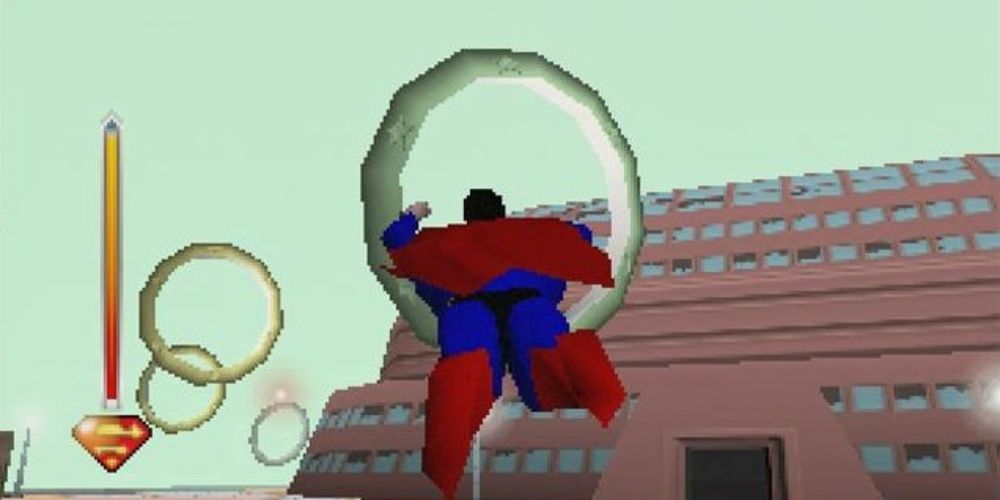 Superman flying through a ring in Superman 64