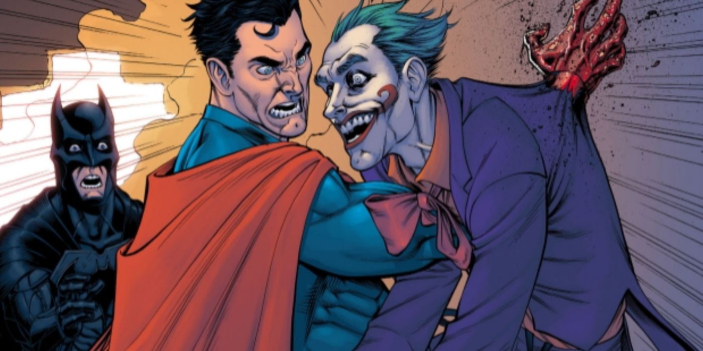 Superman kills the Joker with a shocked Batman in the background.