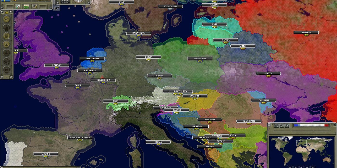 Um mapa com os países em cores diferentes no jogo Supreme Ruler Ultimate.
