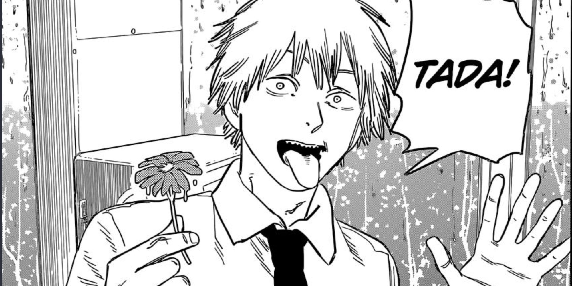 Denji pulls a wet flower out of his mouth as he gives a goofy smile as though it were a magic trick.