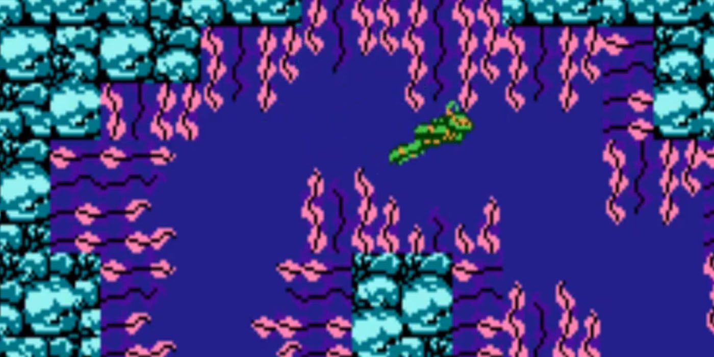 Michelangelo swims through seaweed in the TMNT game for NES