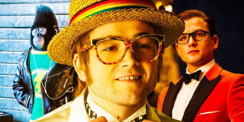 Collage of Johnny from Sing and Taron Egerton as Elton John and Eggsy in Rocketman and Kingsman