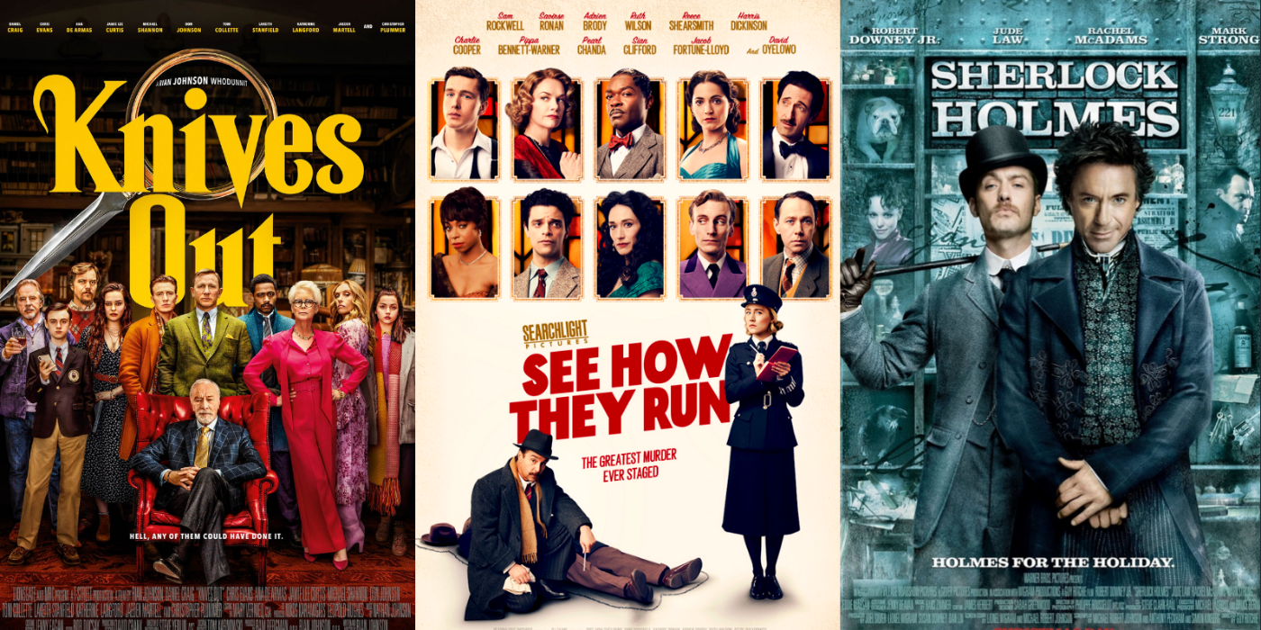 Posters for Knives Out, See How They Run, and Sherlock Holmes