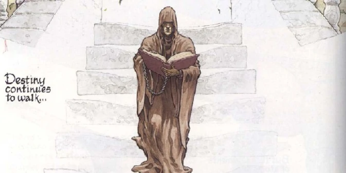 Destiny reading from his book in The Sandman comics