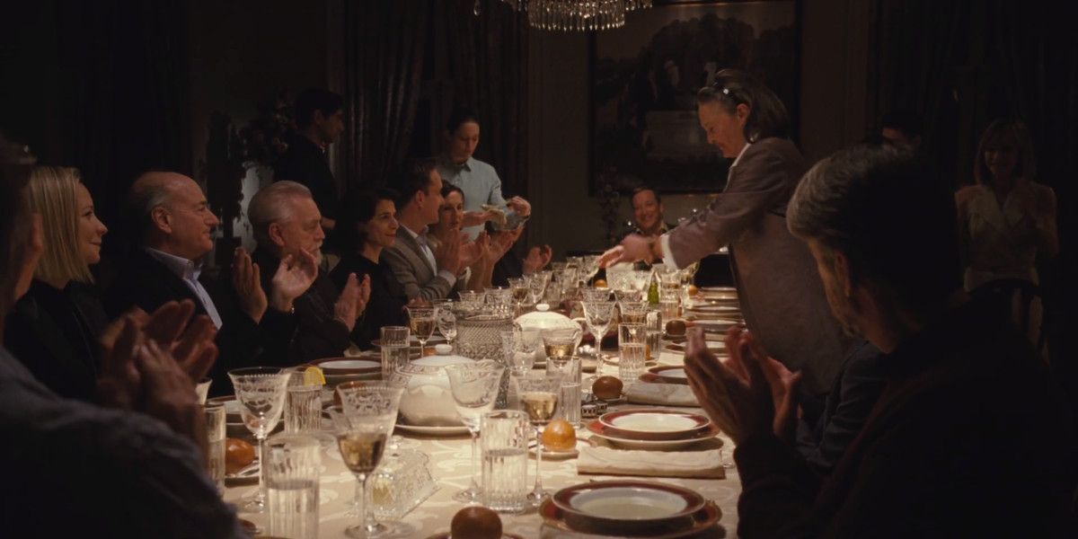 Pierce and Roy family sitting at a dinner in Succession