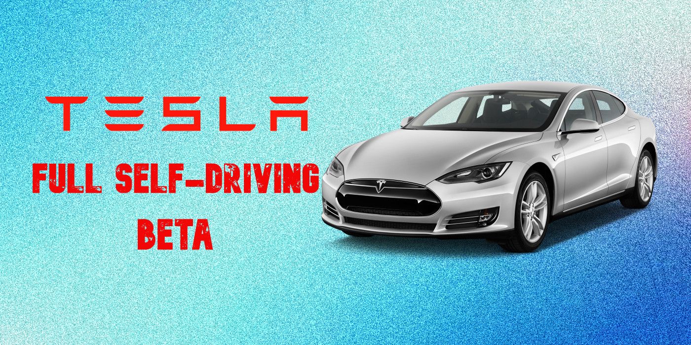 Silver Tesla pictured on a blue gradient grainy background beside the words: Tesla Full Self-driving Beta