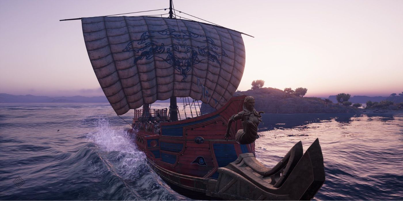 The Adrestia with a Medusa figurehead cruising the ocean in Assassin's Creed Odyssey.