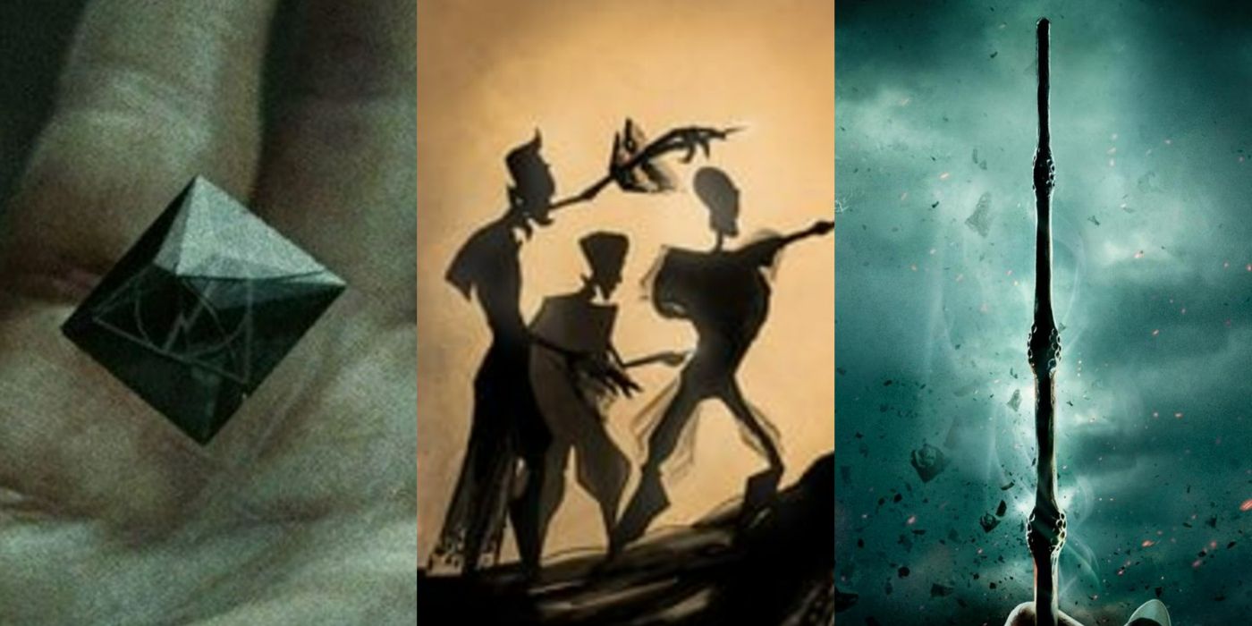 Uma imagem dividida em três partes mostrando, da esquerda para a direita, a Pedra da Ressurreição, os Três Irmãos e a Varinha das Varinhas de Harry Potter