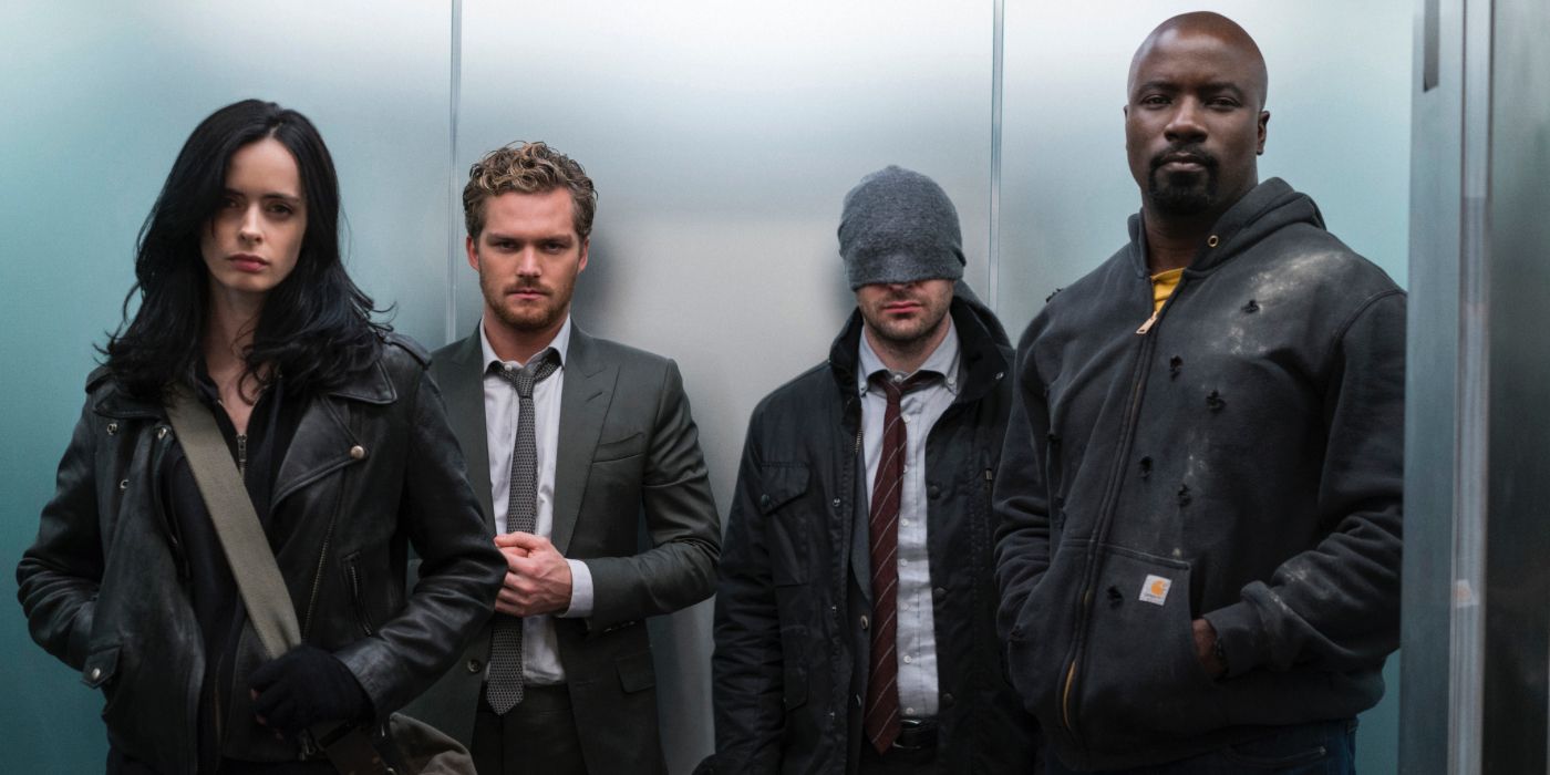 The Defenders team from Netflixs Defenders in the elevator waiting