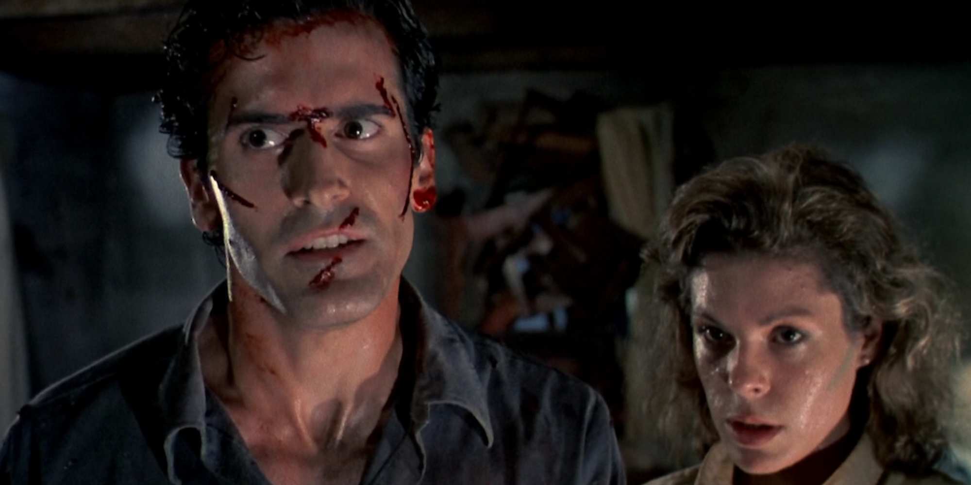 Ash covered in blood in The Evil Dead (1981)