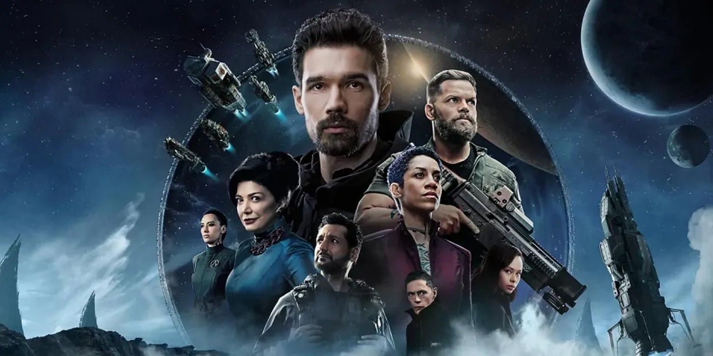 The poster for The Expanse shows characters in front of planets and moons.