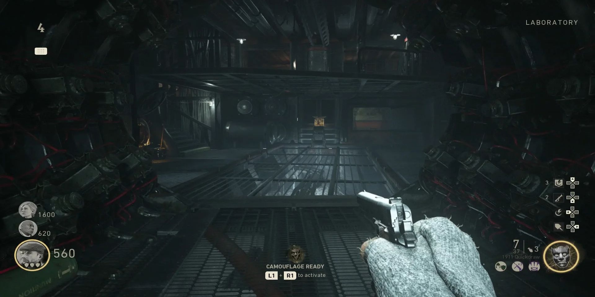 A screenshot from Call of Duty WWII's zombie mode showing the player inside the laboratory.
