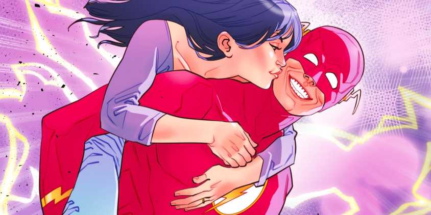 Comic book art: Linda Park West embraces Flash Wally West from behind, kissing him on the cheek as he smiles.