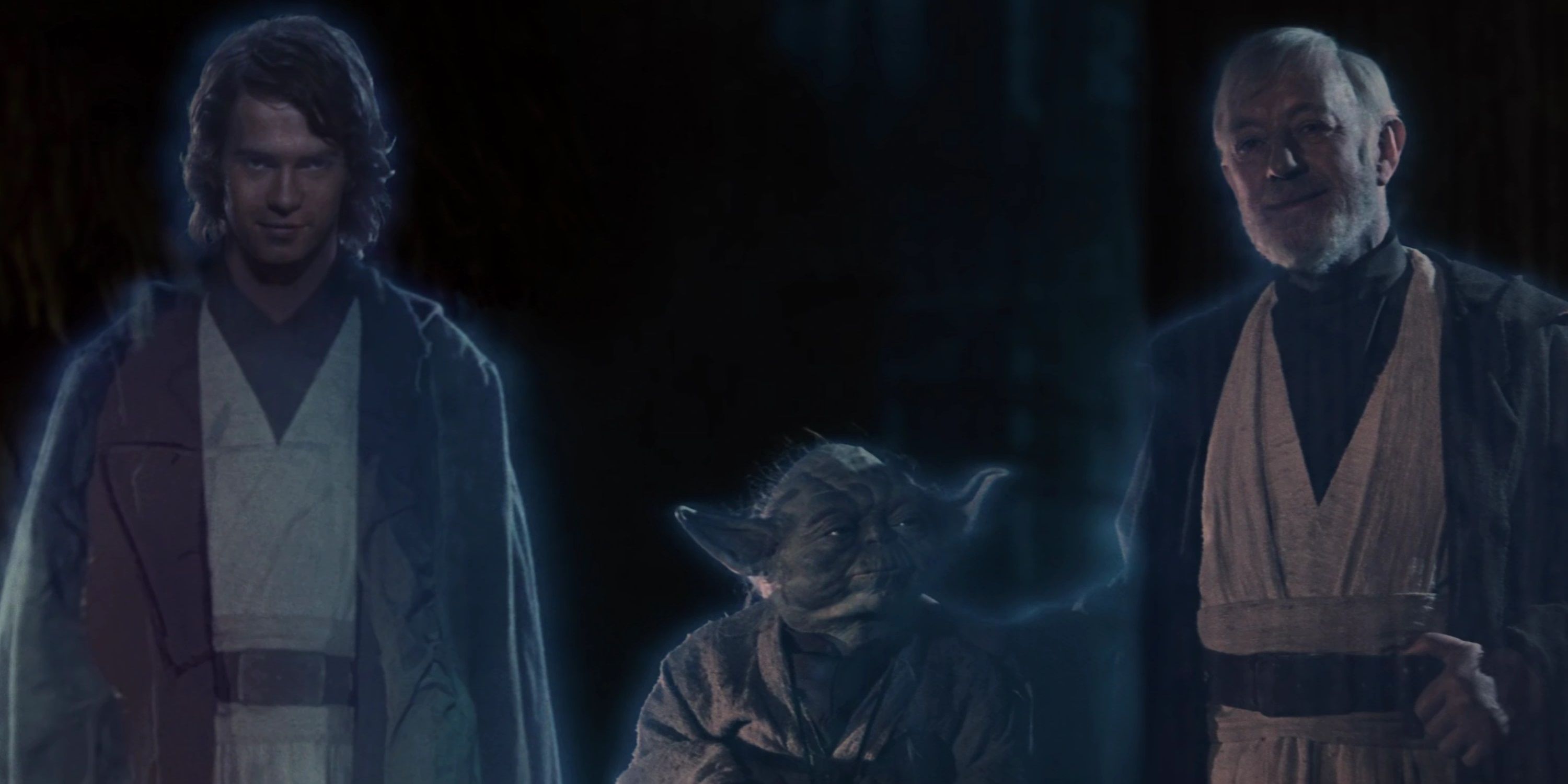 The Force ghosts of Anakin, Yoda, and Obi-Wan in Return of the Jedi