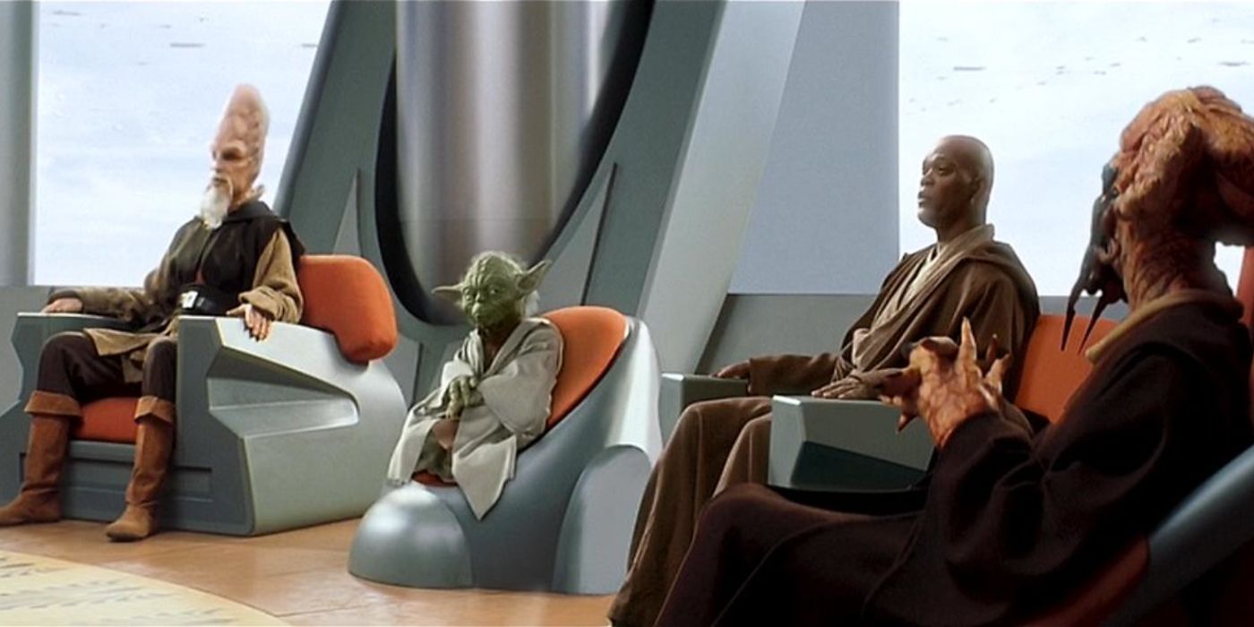 Os membros do Conselho Jedi Yoda, Mace Windu, Plo Koon e Ki-Adi-Mundi nas câmaras do conselho em Coruscant