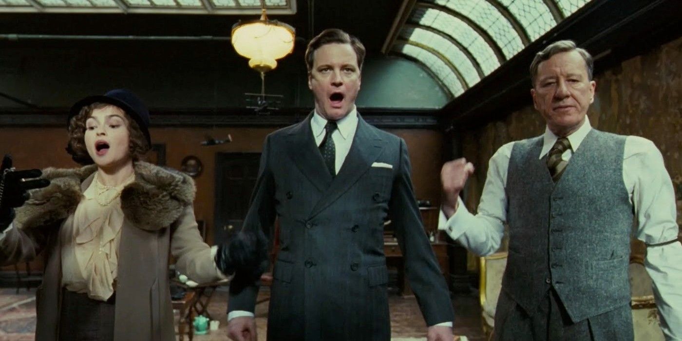Three characters shouting a line in the King's Speech