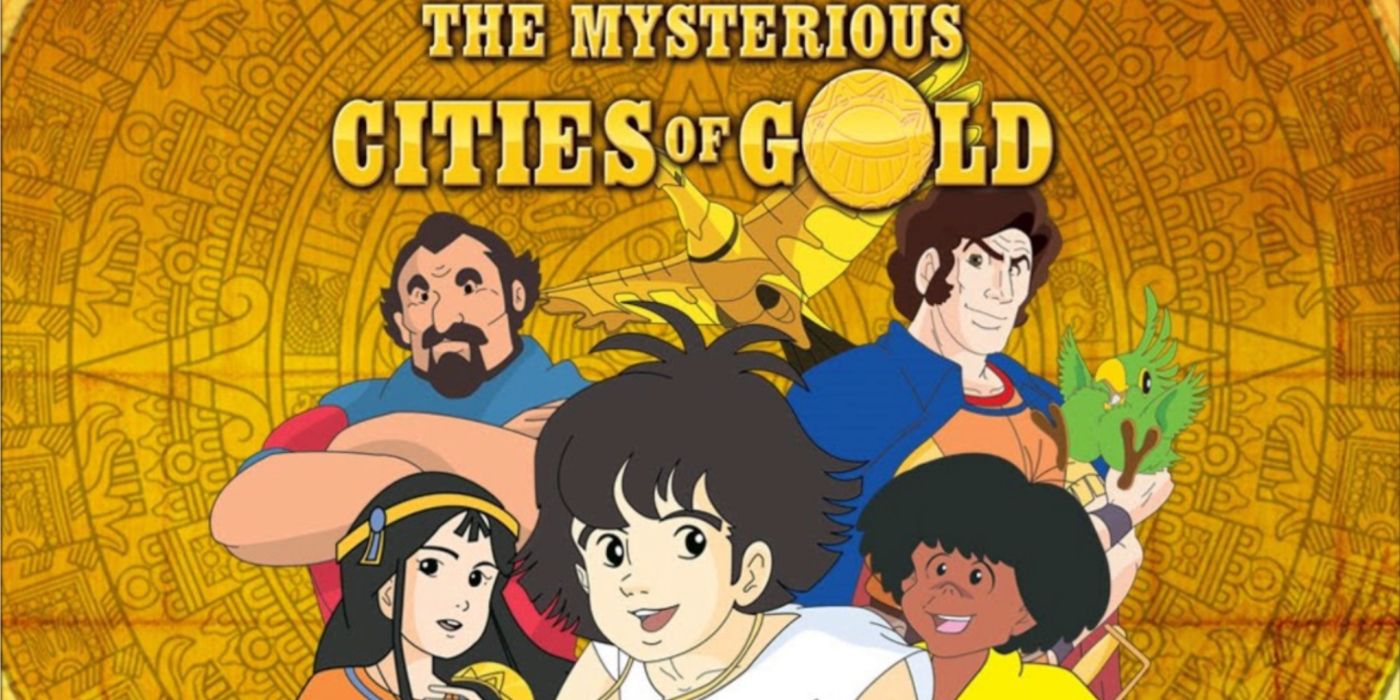 A arte chave do anime Mysterious Cities of Gold com o elenco principal.