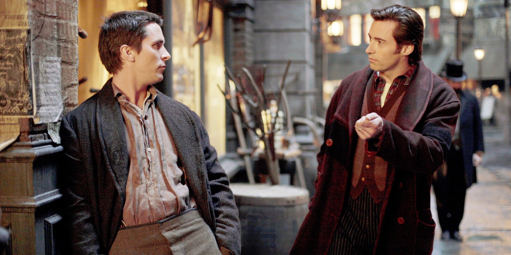 Christian Bale and Hugh Jackman talking on the street in The Prestige