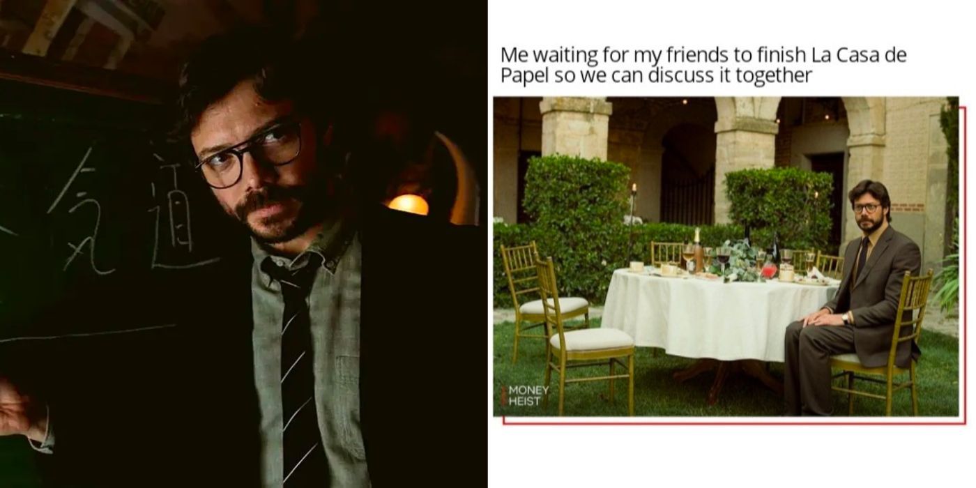 A split image showing The Professor and a meme about Money Heist