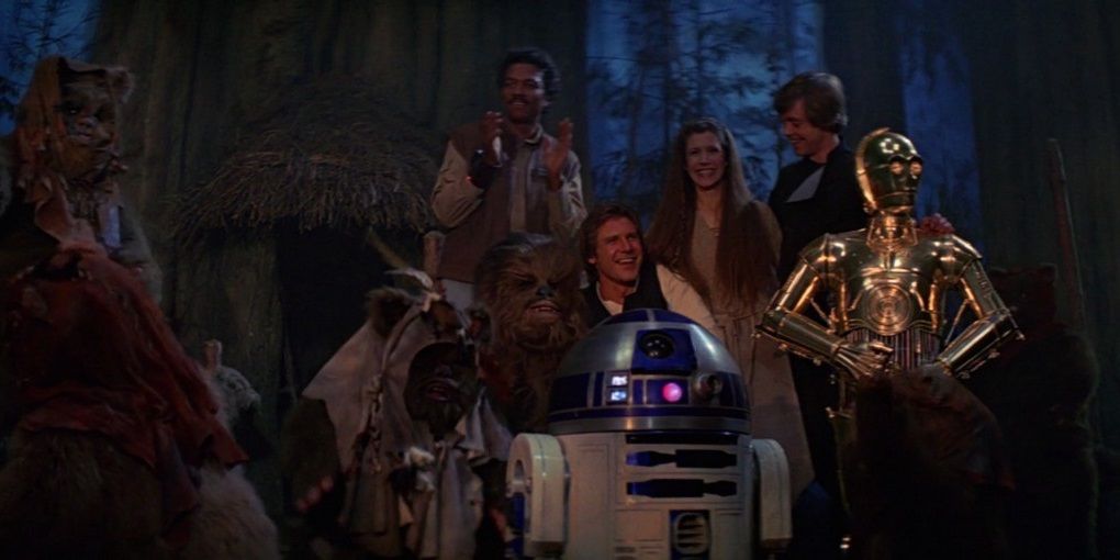 The Rebels celebrate at the end of Return of the Jedi