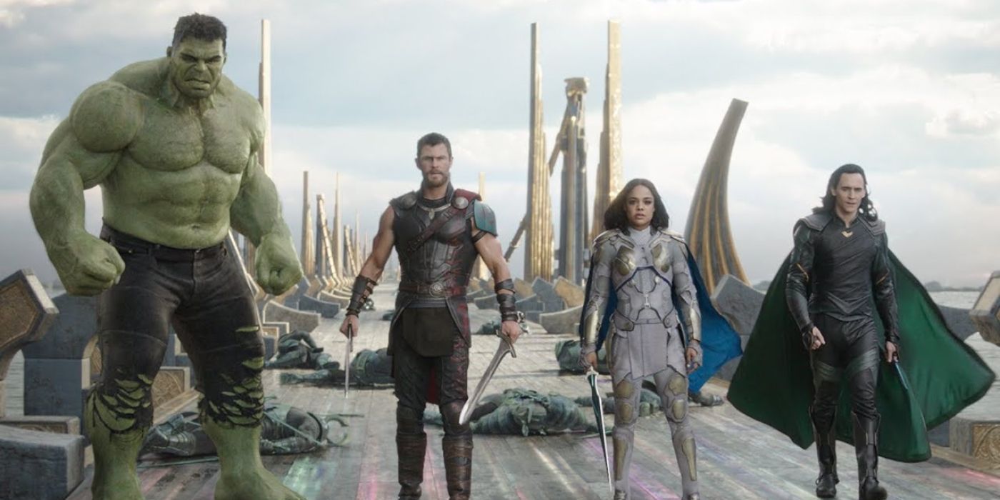 The Revengers team look heroic on the bridge in Thor Ragnarok