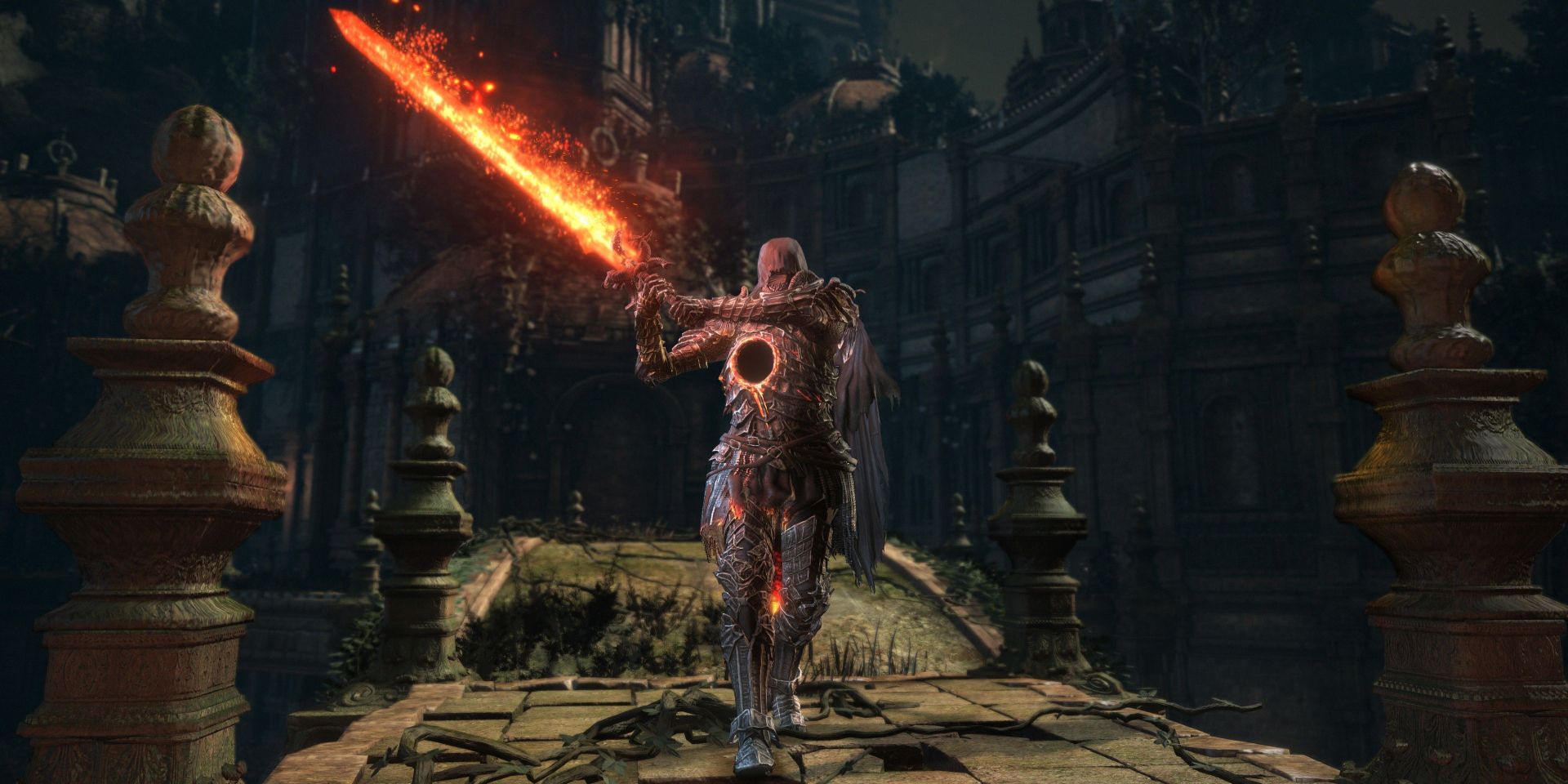 A screenshot from Dark Souls 3's The Ringed City DLC showing an armored figure with a flaming sword and a circular hole in their chest