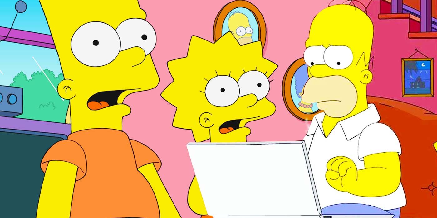 Lisa and Bart making shocking faces while Homer writes on a laptop in The Simpsons Season 34